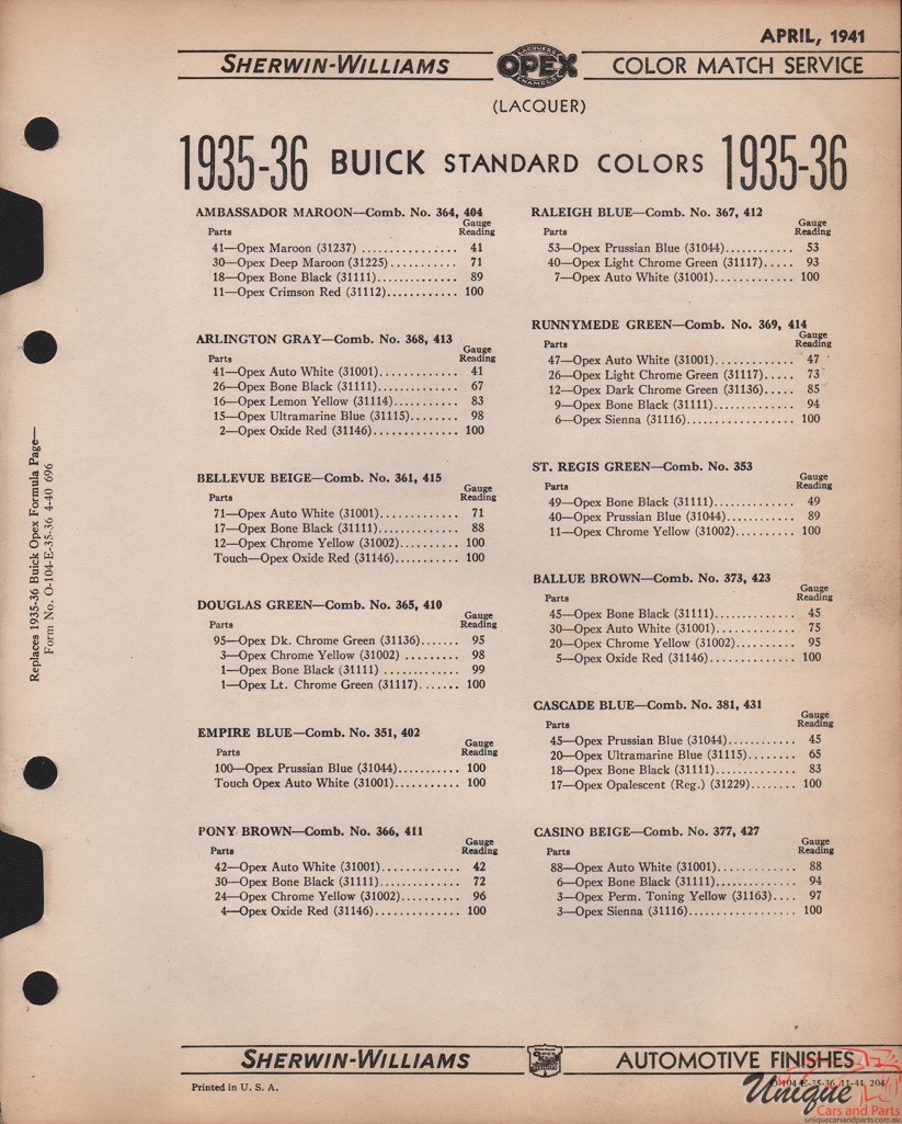 1936 Buick Paint Charts Williams 3